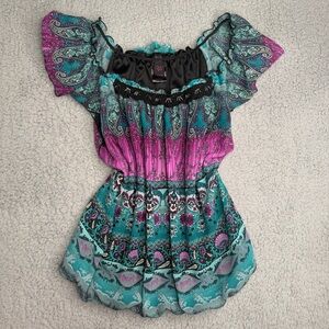 Wrapper boho paisley peasant top beaded flutter sleeve blue pink size XL Y2K